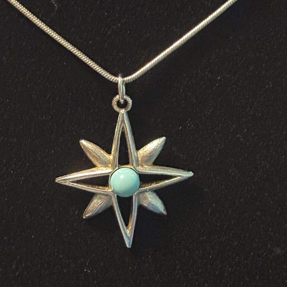 18 inch Signed Sarah Coventry Silver Tone Faux Turquoise Starburst Pendant Neckl